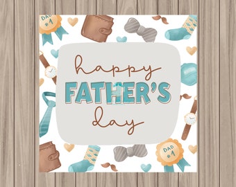 May include: A white card with a light gray rectangle in the center. The rectangle has the text "happy FATHER'S day" in brown and blue lettering. The card is surrounded by a border of various illustrations including a bow tie, a watch, a sock, a wallet, a mustache, and a heart.