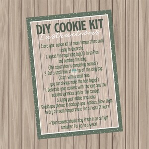 May include: Green and white printable instructions for a DIY cookie kit. The instructions include steps for decorating cookies with icing and sprinkles.