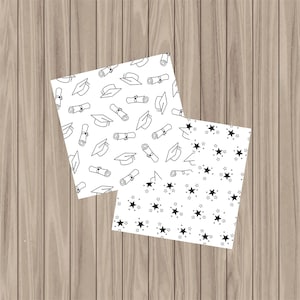 May include: Two digital paper designs. One features a repeating pattern of graduation caps and diplomas. The other features a repeating pattern of black stars on a white background.