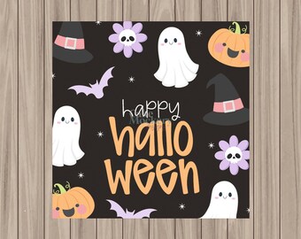 Etiqueta imprimible - Feliz Halloween morado - Cuadrado de 5 cm