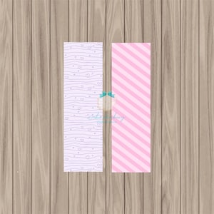 May include: Two printable digital paper designs. The first design is a light purple background with a pattern of white wavy lines and small hearts. The second design is a pink background with white diagonal stripes.