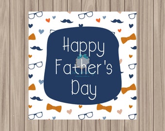 May include: A white card with a blue circle containing the text "Happy Father's Day". The background is a white pattern with orange bow ties, blue hearts, mustaches, and glasses.