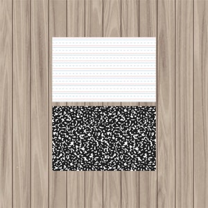 May include: Two sheets of paper, one with lined white paper and the other with black and white speckled paper.