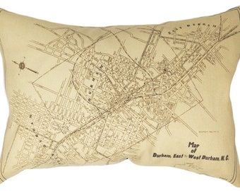 Durham NC Vintage Map Pillow - FREE SHIPPING