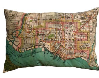 North Vancouver Vintage Map Pillow - FREE SHIPPING