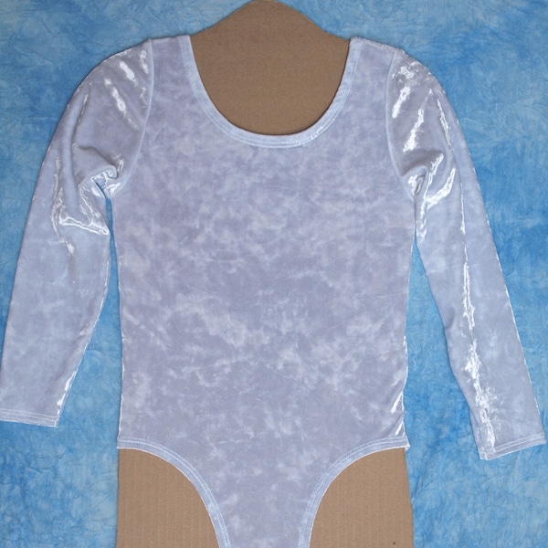 White Crushed Velvet Long Sleeve Leotard for Dance, Gymnastics or Flower Girls with Optional Crotch Snaps MADE TO ORDER