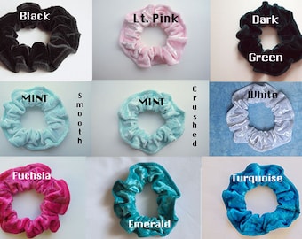 Velvet Scrunchie available in Smooth Black, Lt. Pink, Dk. Green, Mint or Crushed Mint, White, Fuchsia, Emerald or Turquoise