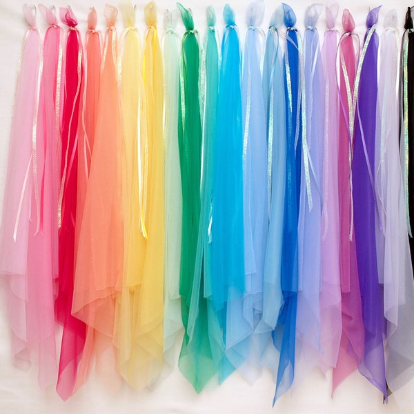 20 Inch Length Dancing Scarves with Elastic Finger Loop Nylon Chiffon in 20 Colors Sold Individually or in Bulk Packs READY TO SHIP