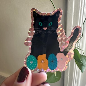 Black Cat with Flowers Sticker