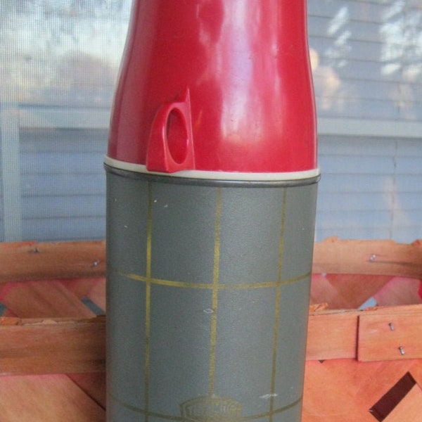 Vintage Picnic American Thermos Brand with glass liner in gray gold strip with red plastic cup