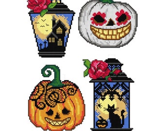 Halloween Craft kit - cross stitch on plastic canvas DIY Set of 4