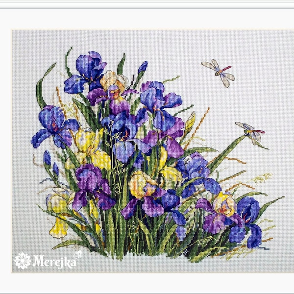 Irises Cross stitch kit by Merejka K-122  // Choose Aida or Belfast