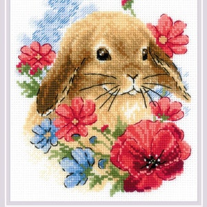 Bunny in Flowers - easy cross stitch kit * Aida and floss included
