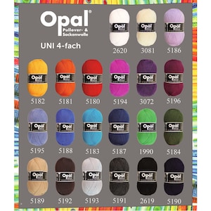 May include: A colour chart of Opal yarn, a brand of sock and pullover yarn. The chart shows 18 different colours of yarn, including white, beige, light blue, dark blue, green, red, orange, yellow, pink, purple, and black. The yarn is labelled with the brand name "Opal" and the colour number.