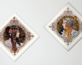 Ensemble de 2 kits de point de croix par Merejka - Brunette et Blond par Alfons Mucha