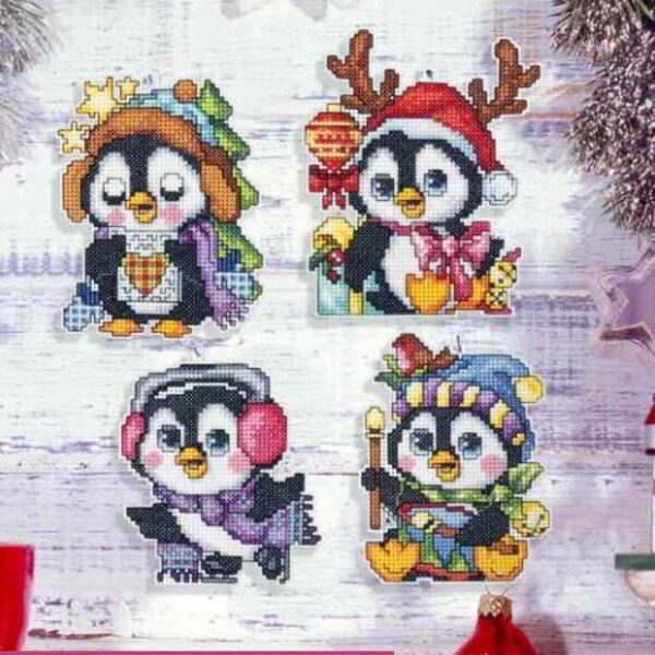 Cross stitch Christmas ornaments KIT Penguin toys on plastic canvas