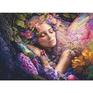 May include: A sleeping fairy with wings, surrounded by colorful flowers and a purple background. The fairy has a crown of flowers on her head and her eyes are closed.