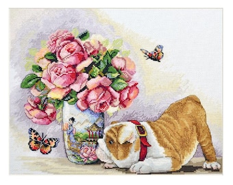 Bulldog & Butterflies, counted Cross stitch kit by Merejka K-94