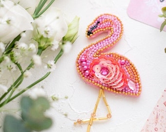 Flamingo - Beadwork kit for creating brooch by Abris Art brand
