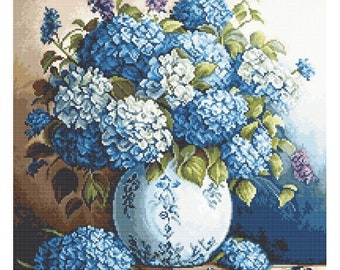 Vase with Hydrangeas - choose Cross stitch kit or Petit Point Kit