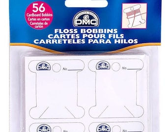 May include: A pack of 56 white cardboard floss bobbins with DMC logos and spaces to write the floss number. The pack is labeled "Floss Bobbins, Cartes Pour Fils, Carreteles Para Hilos".