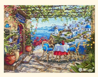 Santorini, Blick von der Terrasse, Merejka Kreuzstichpackung 230