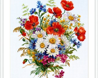 May include: A cross-stitch embroidery depicting a bouquet of red poppies, white daisies, and blue cornflowers. The flowers are arranged in a vase and are surrounded by green leaves. The background is a light blue.