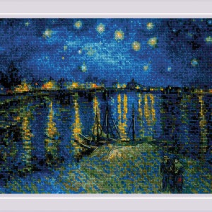 Noche estrellada sobre el Ródano según el cuadro de Van Gogh - kit de punto de cruz contado de Riolis 1884 en Aida de 10 ct