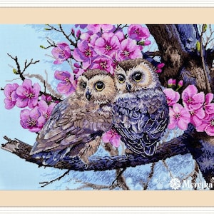 Two Owls in Spring Blooms - Cross stitch kit by Merejka K228