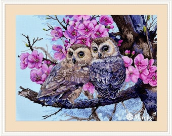 Two Owls in Spring Blooms - Cross stitch kit by Merejka K228