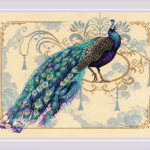 May include: A blue and green peacock with its tail feathers spread out, standing on a branch with a decorative background.