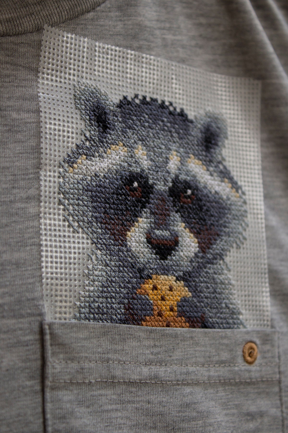 Racoon in the pocket Cross stitch kit for embroidery on clothing DIY On