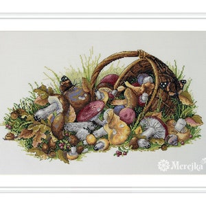 May include: A brown wicker basket overflowing with a variety of mushrooms, including white, brown, red, and purple varieties. The basket is surrounded by green leaves and brown acorns. Two butterflies are perched on the basket.