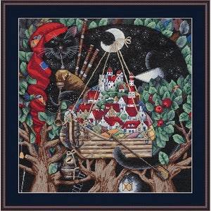 May include: Cross-stitch art showing a black cat playing bagpipes, with a town suspended from a crescent moon. The cat wears a red hat and scarf. The town has red-roofed buildings. The background is a starry night with trees and apples.