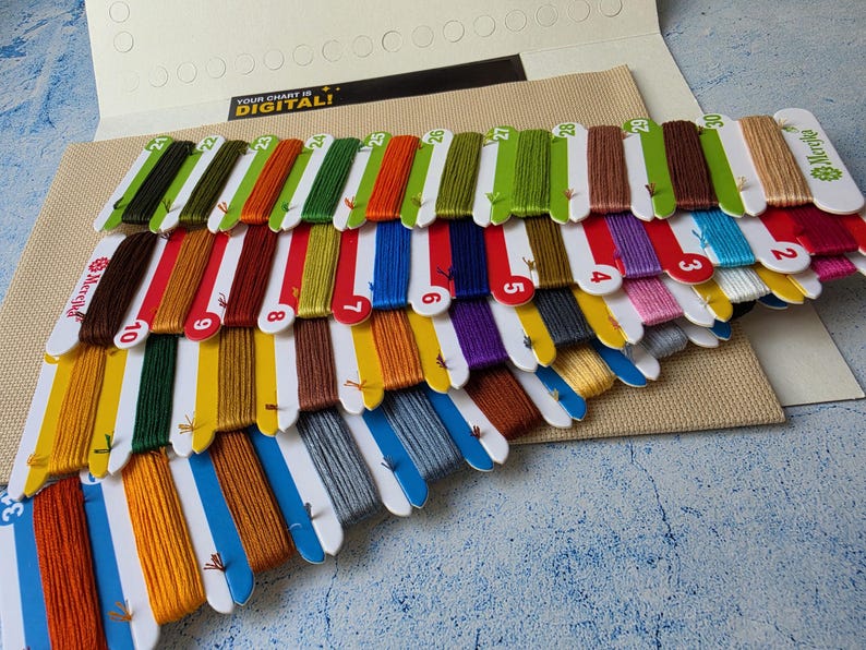 May include: A collection of embroidery floss organized on numbered white cardboard bobbins, featuring a wide spectrum of colors including greens, reds, blues, yellows, and browns, arranged on a piece of beige Aida fabric with a digital chart label.