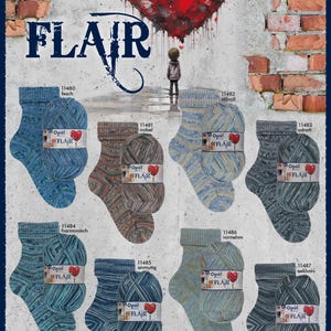 May include: A collection of eight colourful yarn skeins with the brand name "Opal Flair" printed on each skein. The yarn is a blend of blue, green, brown, and white colours. Each skein is labelled with a number and a descriptive word, such as "fesch", "stilvoll", "nobel", "adrett", "harmonisch", "anmutig", "vornehm", and "exklusiv".
