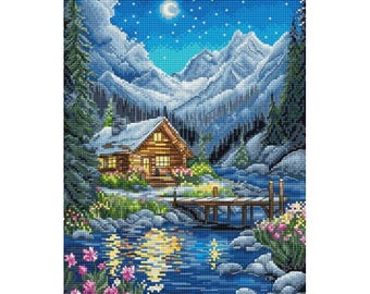 ビンテージ絵画　文化刺繍 山小屋　雪化粧した山脈 ハンドメイド 完成品 刺繍 クロスステッチ 雪景色の街並み ハンドメイド 北欧風