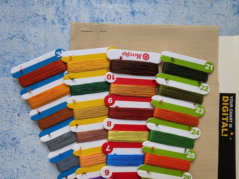 May include: A collection of embroidery floss organized on numbered cardboard bobbins, featuring a variety of colors including red, yellow, green, blue, and brown. The bobbins are arranged over a piece of beige Aida fabric for cross-stitch projects.