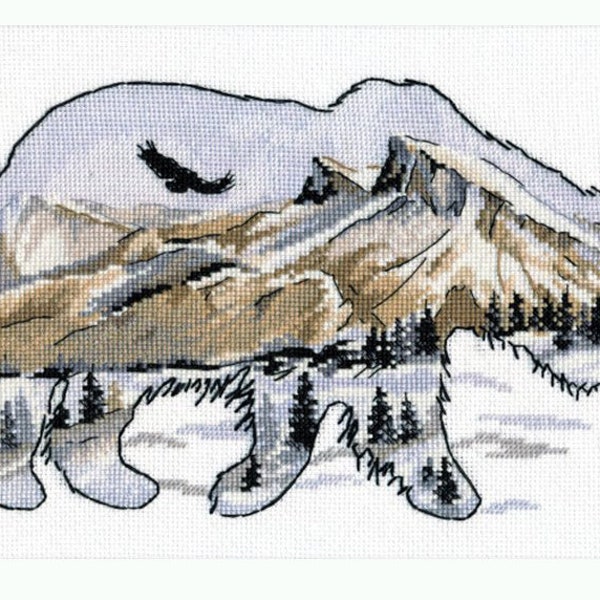 Cross stitch kit  "Animal world. Bear" pattern in watercolor with mountains and eagle, OVEN 1052