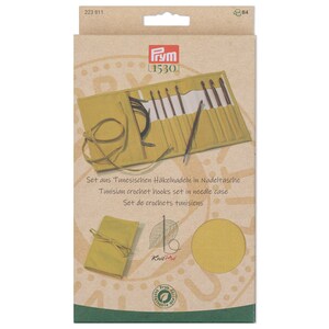 May include: A set of 10 Tunisian crochet hooks in a yellow canvas roll-up case. The case has a drawstring closure and the text "KnitPro" is printed on the front. The packaging is brown cardboard with the Prym logo and the text "Set aus Tunesischen H&auml;kelnadeln in Nadeltasche" in German.
