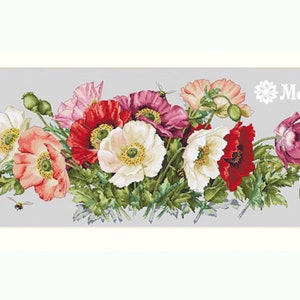 May include: A cross-stitch pattern featuring a bouquet of red, pink, white, and purple poppies with green leaves and two bees. The pattern is titled "Merejka".
