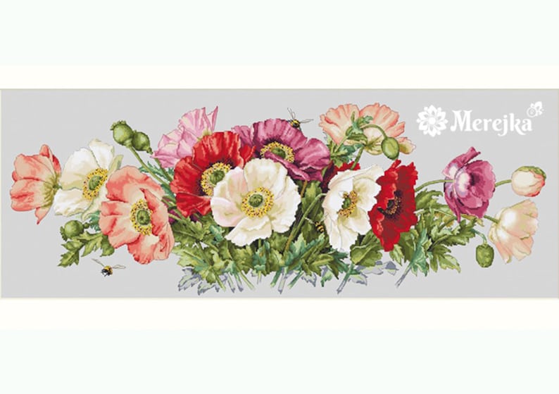 May include: A cross-stitch pattern featuring a bouquet of red, pink, white, and purple poppies with green leaves and two bees. The pattern is titled "Merejka".