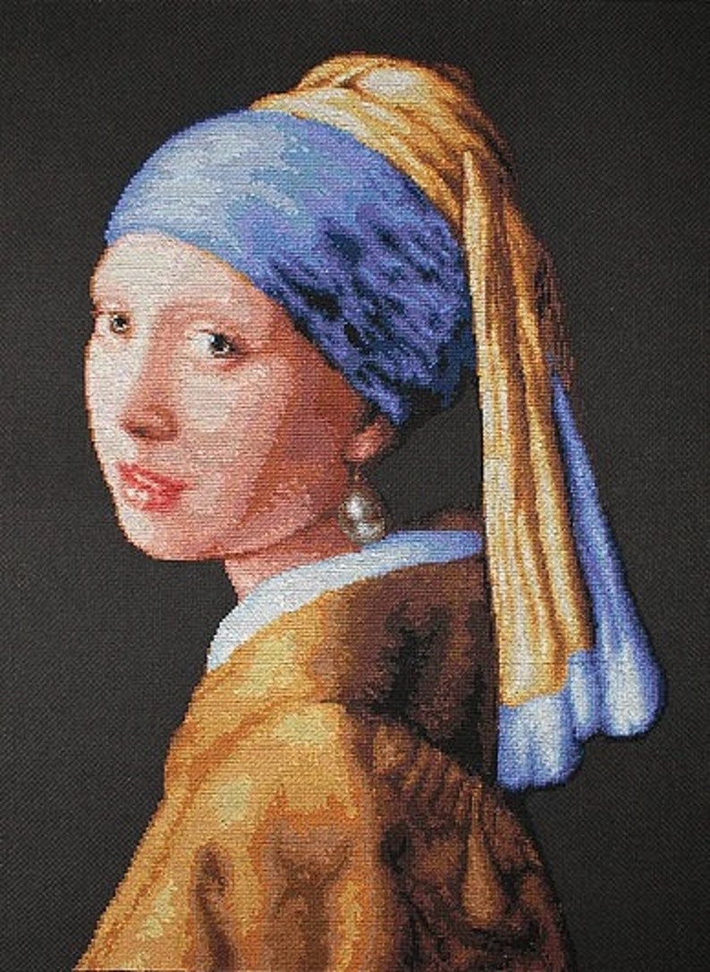 Cross Stitch Kit Girl With a Pearl on Black 18ct. Aida Full Etsy