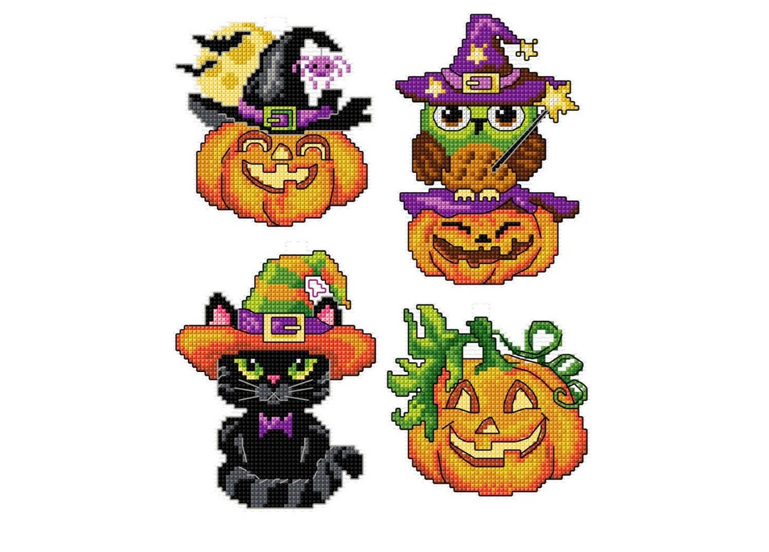 Kreuzstich-Set Mit Halloween-Hexen Auf Kunststoff-Leinwand – 4 Motive, Inkl. Material Für Anfänger & Bastelfans