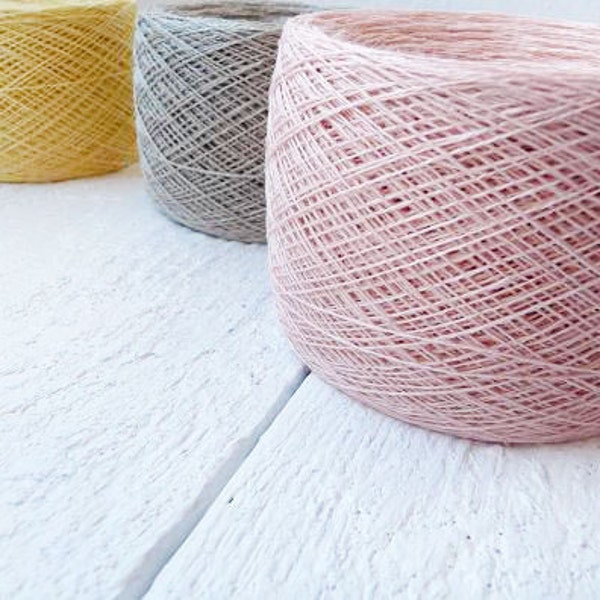 Linen Yarn,  set of 3 balls, natural linen thread, pastel colors, yellow, pink, grey linen