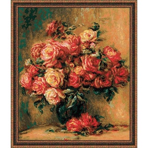 クロスステッチキット - ピエール＝オーギュスト・ルノワールの絵画「バラの花束」をリオリスが1402年に綿＋ウール／アクリル糸で刺繍