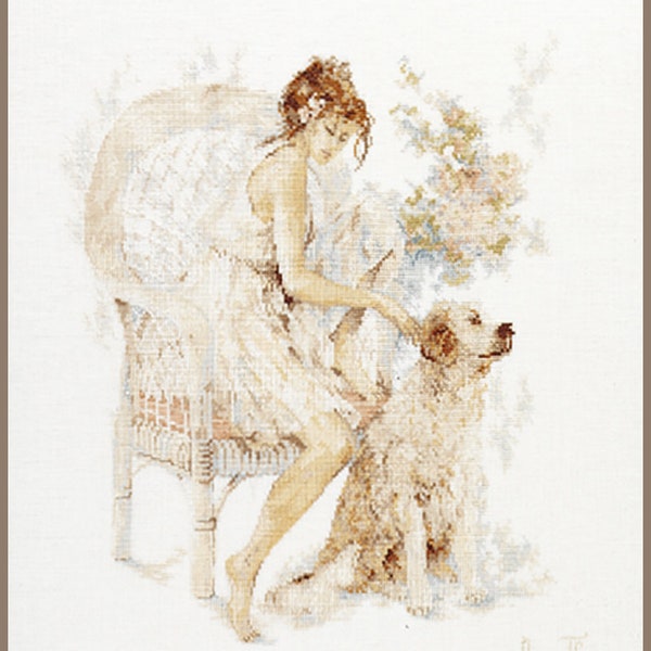 Kit de point de croix compté - Girls in Chair with Dog de Lanarte, série Romance