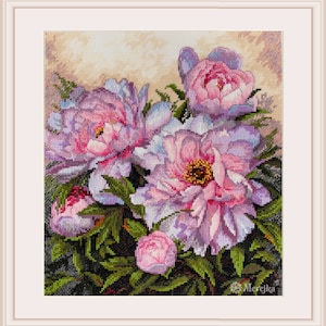 May include: A close-up of a bouquet of pink peonies with green leaves. The peonies are in full bloom and have a soft, delicate appearance.