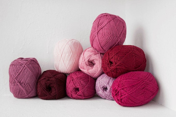 Pure Wool Yarn for Knitting, Wool Yarn Set of 9 Balls in Pink Red Burgundy  Colors, Fair Isle Knitting, Double Knitting, Cable Knit Wool 
