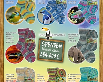 May include: A colorful illustration of socks with different animal designs. The socks are labeled with names and descriptions, such as "Nachsichtige Rektorin Anna" and "Kreativer Hausmeister Willibald". The illustration also includes a sign that says "Rettet den Regenwalde.V." and "Spenden bisher über 284.000 €".